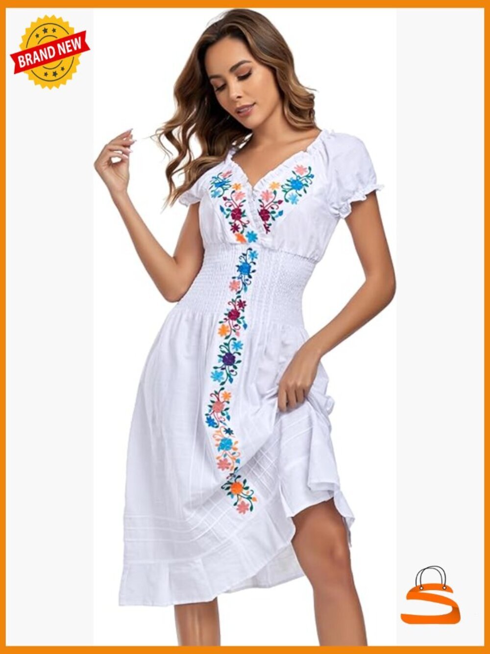 Women's Mexican Embroidered Casual Dress V-Neck Short Sleeves Boho